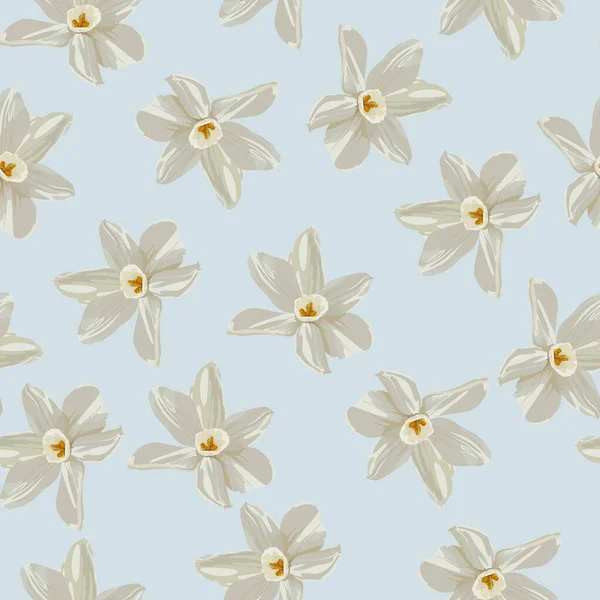 レトロな花のシームレスなパターン Daffodils 春の花のナルシス 青の背景 — ストックベクタ