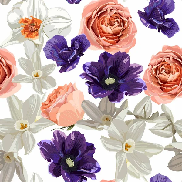 Blommor Våren Påskliljor Anemoner Rosor Vit Bakgrund Sömlöst Mönster Lämplig — Stock vektor
