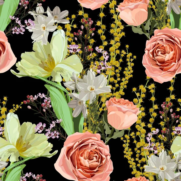 Padrão Sem Costura Floral Com Flores Primavera Rosas Tulipas Mmosa —  Vetores de Stock