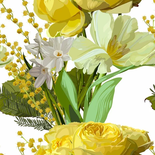 Frühlingsblumen Mimosen Narzissen Und Tulpen Auf Weißem Hintergrund Nahtloses Muster — Stockvektor
