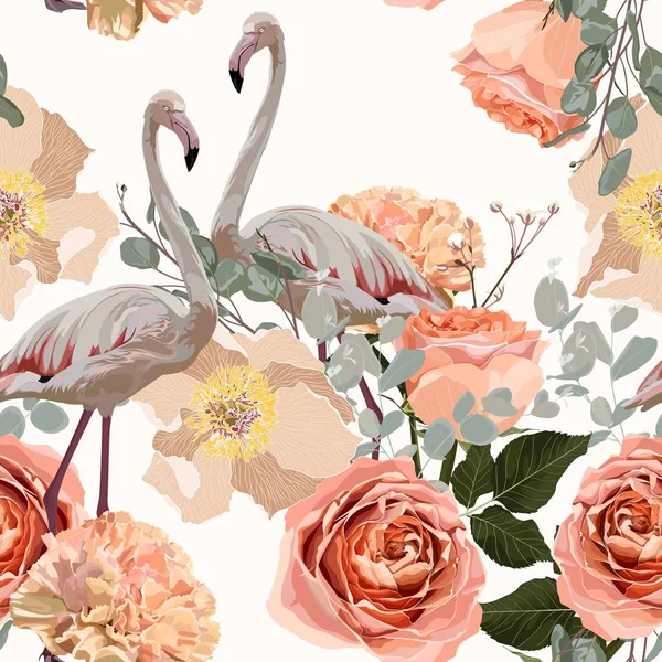 Flamingo White Background Jungle Seamless Pattern Flamingos Creamy Garden Flowers — Stock Vector