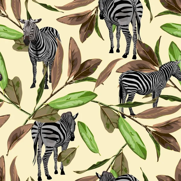 Tropik, soyut kahverengi manolya yaprakları ve dalları, zebra, hayvansı çiçeksiz, klasik sarı arka plan deseni. Egzotik safari gece duvar kağıdı.