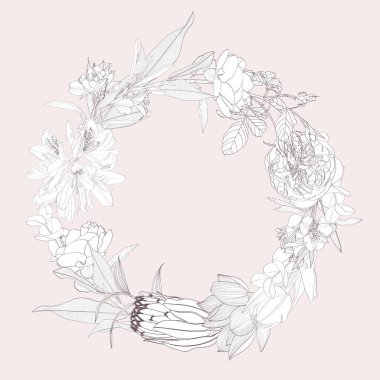 Kara El, narin çiçeklerle süslenmiş çiçek çerçevesi, dallar. Dekoratif Özet Çelenk İllüstrasyonu. Çiçek Tasarım Elementi.