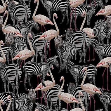 Siyah arka planda zebra ve flamingo gibi vahşi hayvanların kusursuz desenleri var.. 