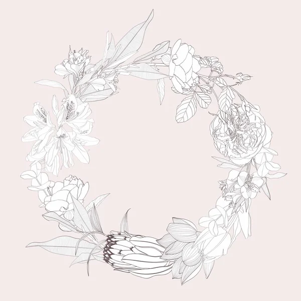 Kara El, narin çiçeklerle süslenmiş çiçek çerçevesi, dallar. Dekoratif Özet Çelenk İllüstrasyonu. Çiçek Tasarım Elementi.