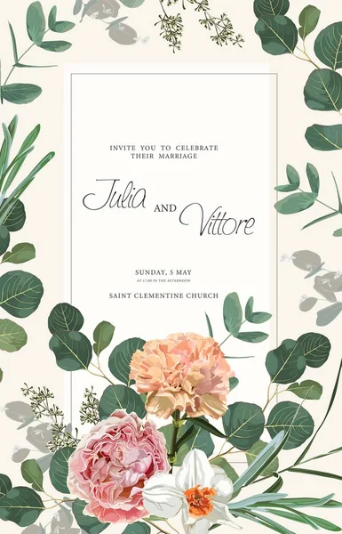 Blommigt Bröllop Inbjudan Kort Mall Design Kryddnejlika Blommor Ros Narcissus — Stock vektor