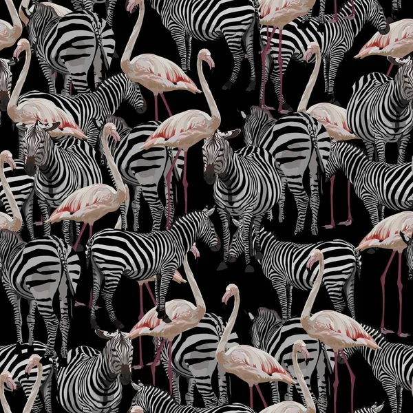 Naadloos Patroon Met Wilde Dieren Zoals Zebra Flamingo Zwarte Achtergrond — Stockvector