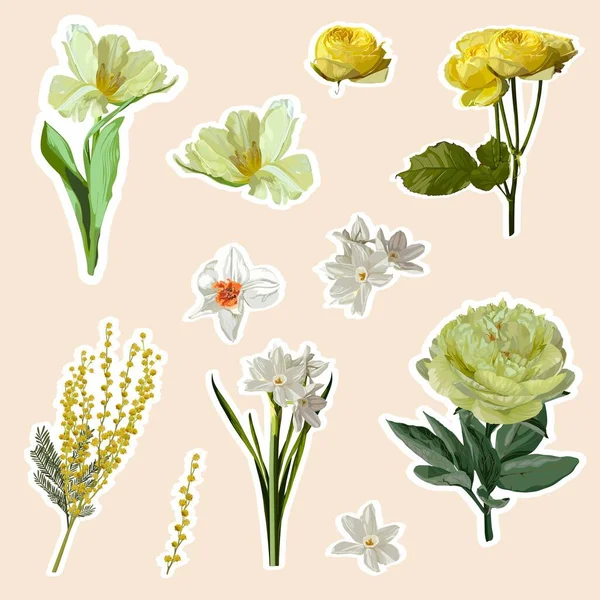 Autocollants Fleur Printemps Jaune Illustration Éléments Floraux Belle Collection Fleurs — Image vectorielle