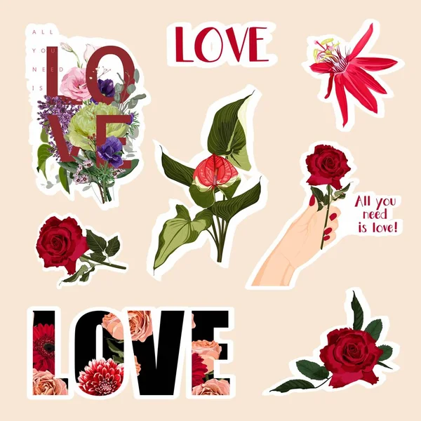 Zestaw Walentynek Naklejki Doodle Płaska Ilustracja Kolekcja Symbolu Miłości Elementów — Wektor stockowy