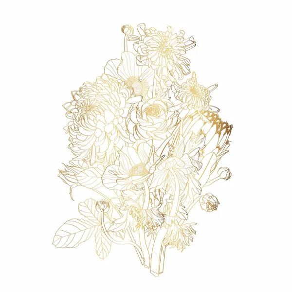 金色的素描花束在白色背景上隔离的手绘花 用于设计 印刷或织物 — 图库矢量图片