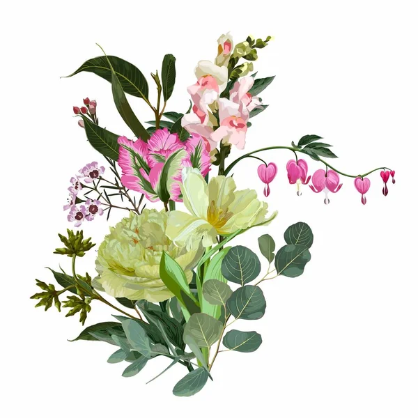 美しい牡丹や熱帯の花 ユーカリの枝の花束の手描きイラスト 結婚式の招待状 バレンタインなどの要素 — ストックベクタ