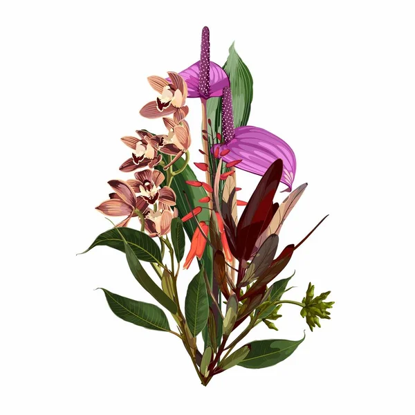Handritad Illustration Vacker Tropiska Blommor Eukaliptus Gren Bukett Element För — Stock vektor