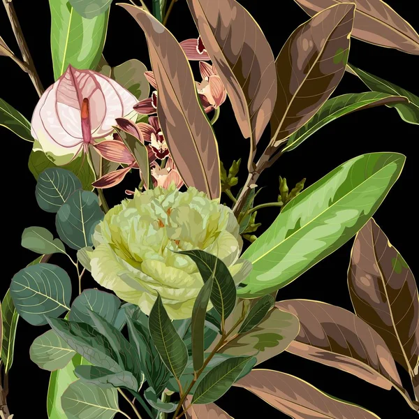 Şakayıklı Şakayıksız Desenli Orkide Çiçekli Yapraklı Manolya Dallı Siyah Arkaplanda — Stok Vektör