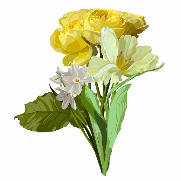 Illustration Dessinée Main Une Belle Tulipe Roses Narcisses Fleurs Bouquet — Image vectorielle