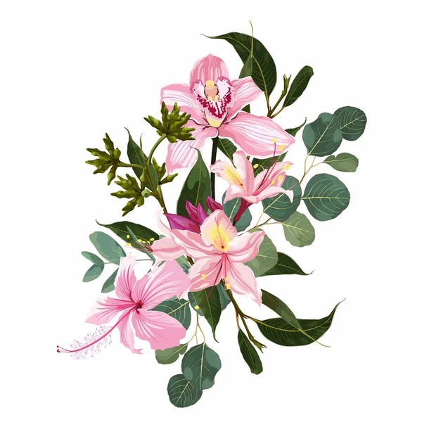 Ручной Рисунок Красивых Розовых Тропических Цветов Букет Эвкалиптовой Ветви Элемент — стоковый вектор