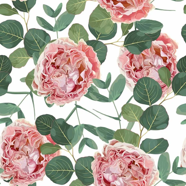 Patrón Sin Costura Floral Con Flores Rosas Rosadas Hojas Eucalipto — Archivo Imágenes Vectoriales