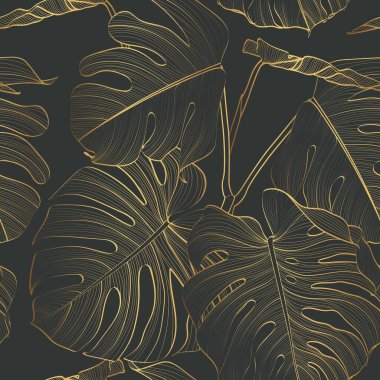 Golden floral seamless pattern with Tropical Monstera plant. Tropical leaves in retro style. Hand drawn black leaves pattern. Line art.  clipart