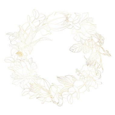 Düğün davetiyesi çelenk şablonu. Çelenk kenarındaki halka şeklinde çelenkler çiçek açıyor. Lüks, pırıl pırıl, altın gibi. Metin yer tutucu.