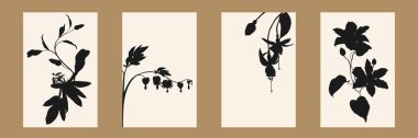 Botanik duvar sanatı seti. Tropik çiçekli siluet sanat çizimi. Baskı, kapak, duvar kağıdı, asgari ve doğal duvar illüstrasyonu için tropikal bitki sanatı tasarımı. 