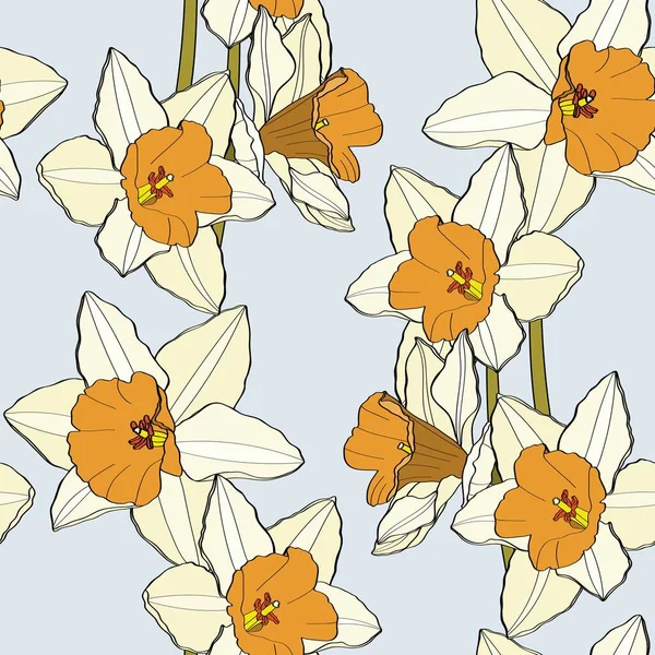 春の花とシームレス繊細なパターン 青の背景に明るい春の水仙イラスト — ストックベクタ
