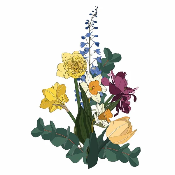 Ручной Рисунок Красивых Нарциссов Букетов Цветов Тюльпанов Элемент Свадебного Приглашения — стоковый вектор