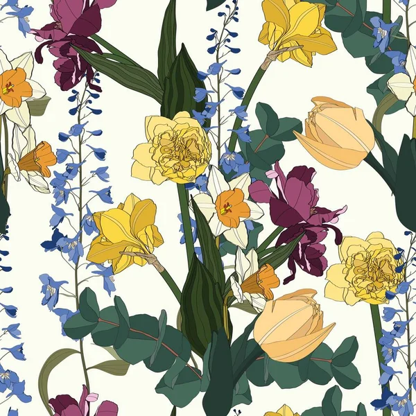 明亮的春花 郁金香 水仙花和透明质花 无缝图案插图 — 图库矢量图片