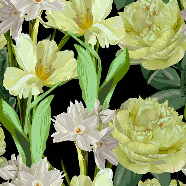 Flores Narcisos Primavera Peonía Tulipanes Sobre Fondo Negro Patrón Sin — Archivo Imágenes Vectoriales