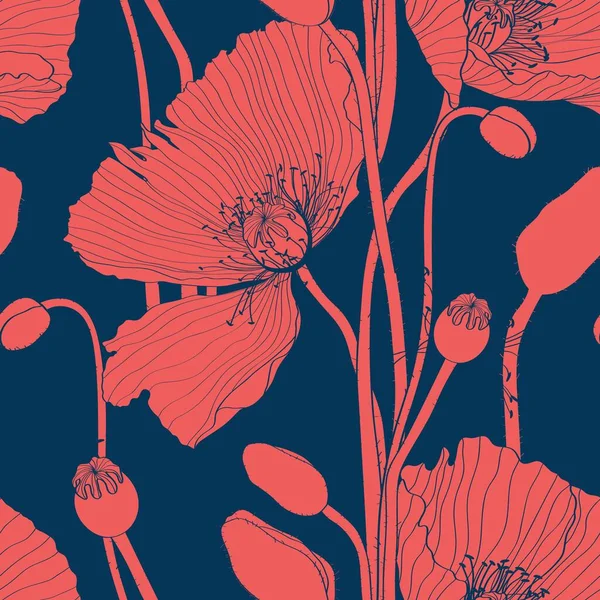 Florales Nahtloses Muster Blume Mohn Hintergrund Blühende Fliesen Ornamentale Textur — Stockvektor