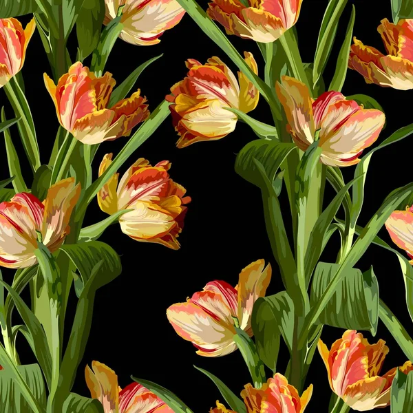 Flowers Spring Orange Tulips Black Background Seamless Pattern Suitable Packaging — Archivo Imágenes Vectoriales