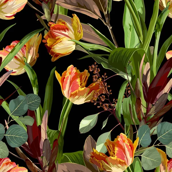 Blumen Des Frühlings Orange Tulpen Eukalyptus Kräuter Hintergrund Nahtloses Muster — Stockvektor