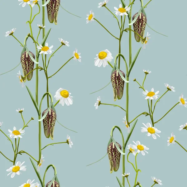 Meadow Wildflower Seamless Pattern Botanical Camomile Fritillary Fritillaria Background Delicate — Stockový vektor