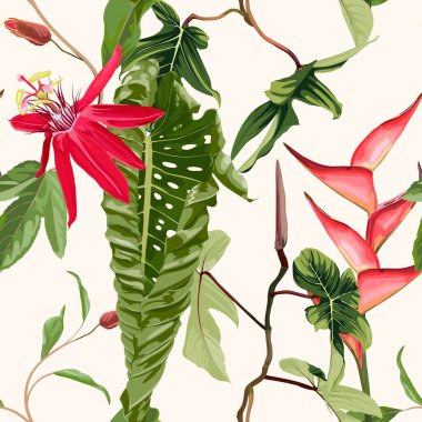 Egzotik çiçekli çiçeksiz desen, tropik canavar palmiyesi yaprakları. Bej arkaplanda çiçek açan çiçekler.