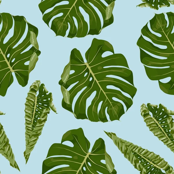 Tropikalna Zielona Ilustracja Liści Potwora Egzotyczny Bezszwowy Wzór Niebieskim Tle — Wektor stockowy