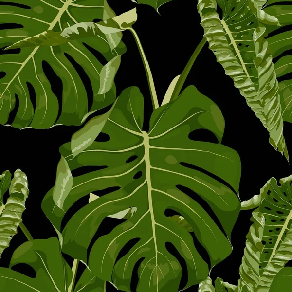 Tropical Green Monstera Leaf Illustration Exotic Seamless Pattern Blue Background — Stock Vector