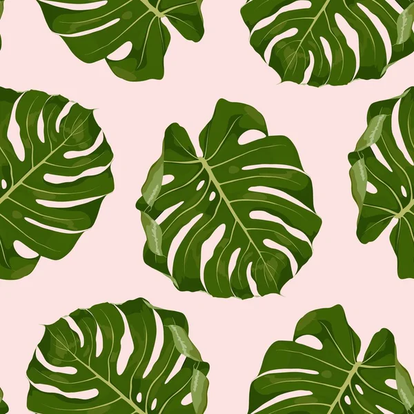 熱帯緑のモンスターの葉のイラスト ピンクの背景にエキゾチックなシームレスなパターン — ストックベクタ