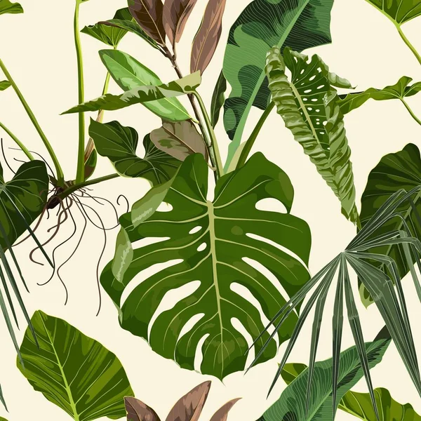 熱帯緑のモンスターの葉のイラスト シームレスなパターン ジャングルの葉のイラスト エキゾチックな植物 夏のビーチの花のデザイン 楽園の自然 — ストックベクタ