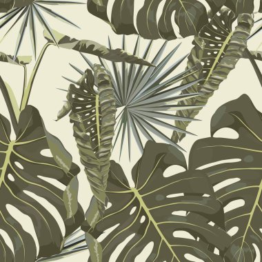 Tropik yeşil canavar yaprağı, eğlenceli avuç içi çizimleri. Egzotik, pürüzsüz model arkaplanı.