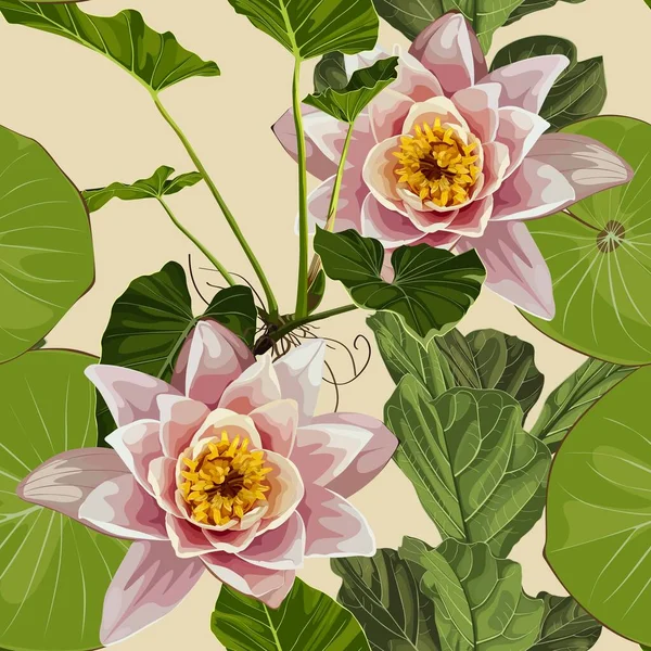 Tropische Pflanze Mit Lotus Seerose Mit Blättern Seerosenblüten Und Exotische — Stockvektor