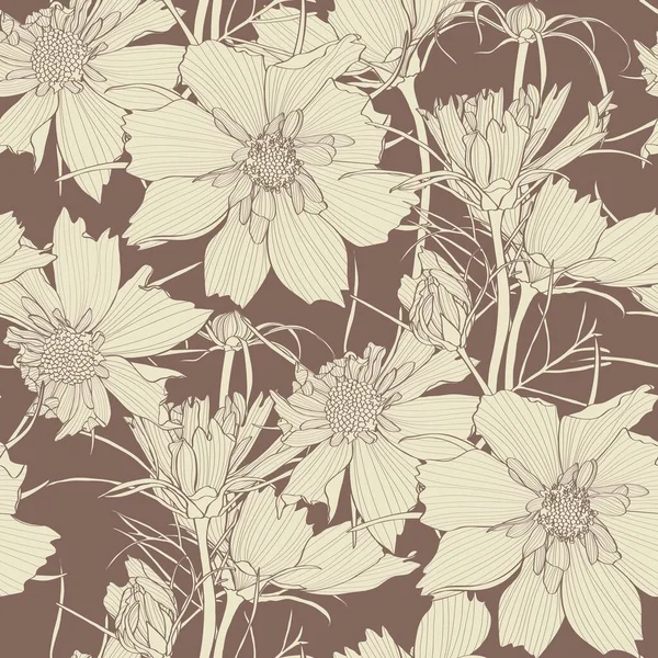 Seamless Flower Pattern Background Line Cosmos Flower Leaf Drawing Illustration — 스톡 벡터