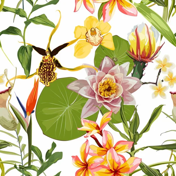 Tropical plant with lotus, water lily with leaves and exotic yellow flowers. Water lily flowers and exotic plant. Aquatic plants, Japanese and Chinese illustration.