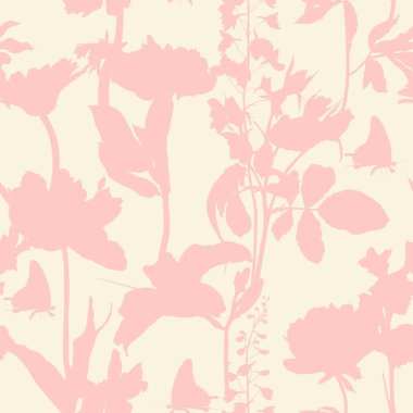 Seamless delicate pattern with spring line flowers silhouette. Bright spring  flowers illustration.