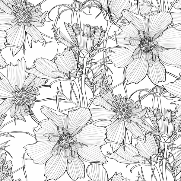 Seamless flower pattern background with black line Cosmos flower and leaf drawing illustration.