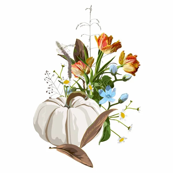 Autumn Composition Beautiful Flowers Herbs White Pumpkin — Stockvektor