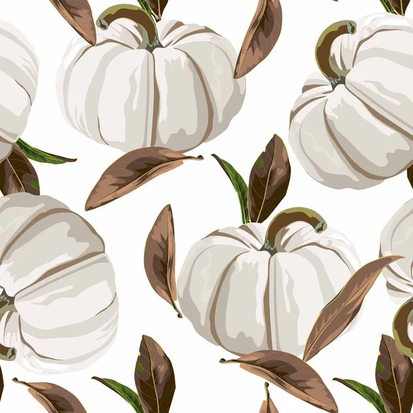 Autumn White Pumpkin Leaves Seamless Pattern White Background — Vettoriale Stock