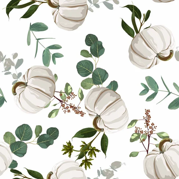 Autumn White Pumpkin Eucalyptus Seamless Pattern White Background — Image vectorielle