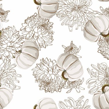 Sonbahar beyaz balkabağı ve çizgi kasımpatı çiçekleri kusursuz desen. Beyaz arkaplan.