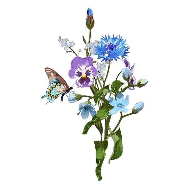 Illustrazione Disegnata Mano Bellissimo Ossipetalio Giardino Bouquet Fiori Blu Primaverili — Vettoriale Stock