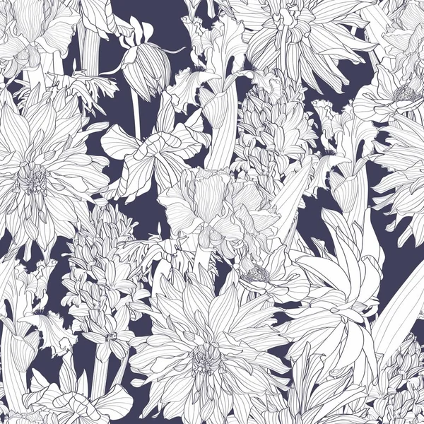 Απρόσκοπτο Μοτίβο Όμορφο Ύφασμα Ανθίζει Ρεαλιστική Γραμμή Λουλούδια Βίντατζ Φόντο — Διανυσματικό Αρχείο