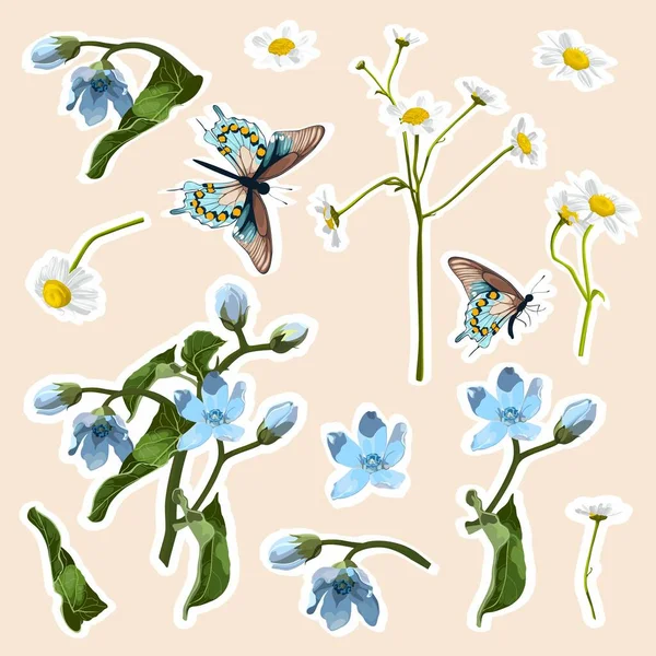 Conjunto Flores Primavera Elementos Mariposa Set Pegatinas Alfileres Parches Notas — Vector de stock