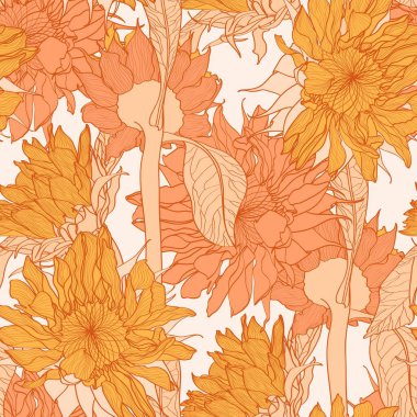 Ayçiçeği tarlası kumaş ve tekstil tasarımı için kusursuz desen. Düz renkler, basımı kolay. Çizgi sanatı. Sonbahar renkleri. Çiçekler, pastel turuncu yapraklı siluetler. Ayçiçeği çiçeği..
